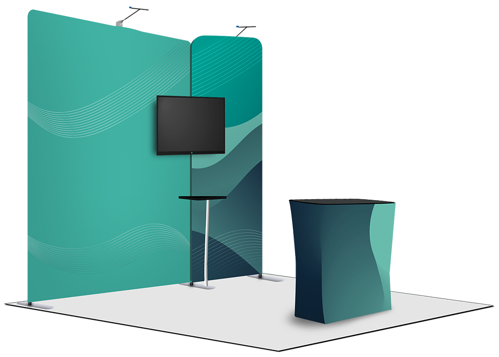Teal exhibition stand with a screen and podium on a white background