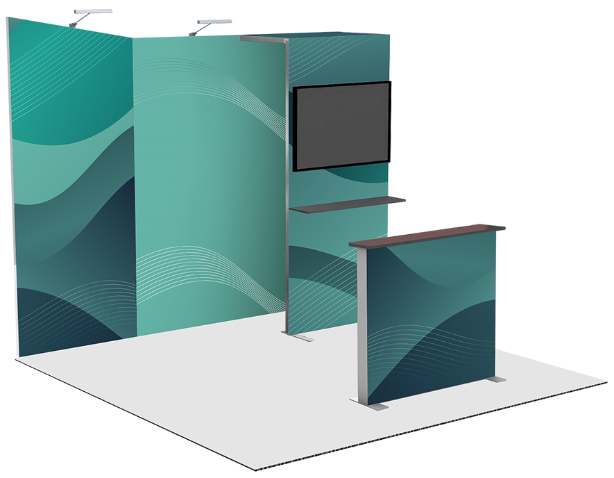 Teal patterned trade show booth with a screen and desk on a white background