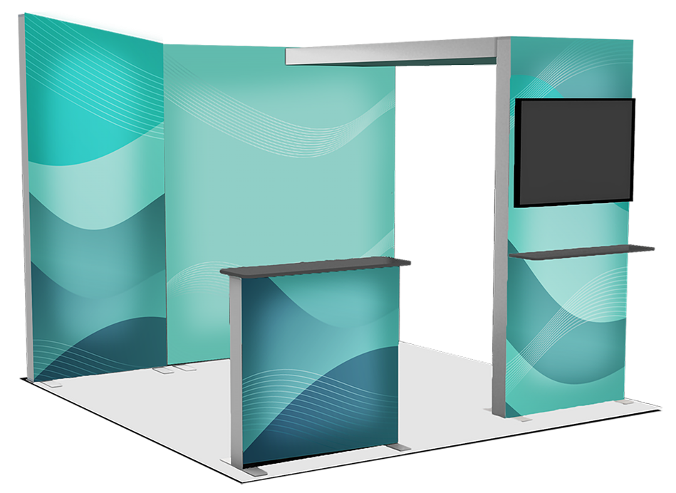 Teal and gray trade show booth with a TV screen
