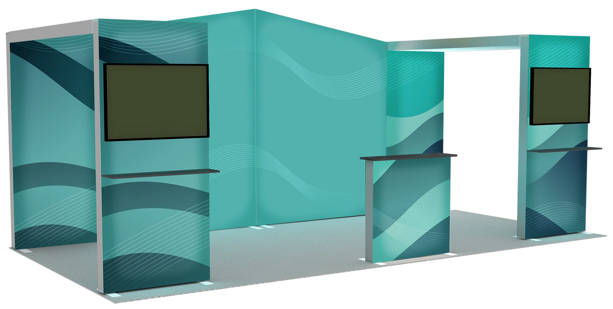 Teal exhibition booth with curved walls and screens on a white background