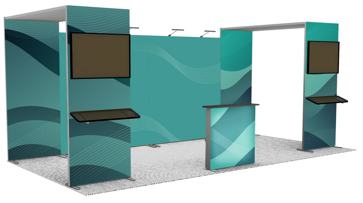 Teal trade show booth with curved design and screens on a white background