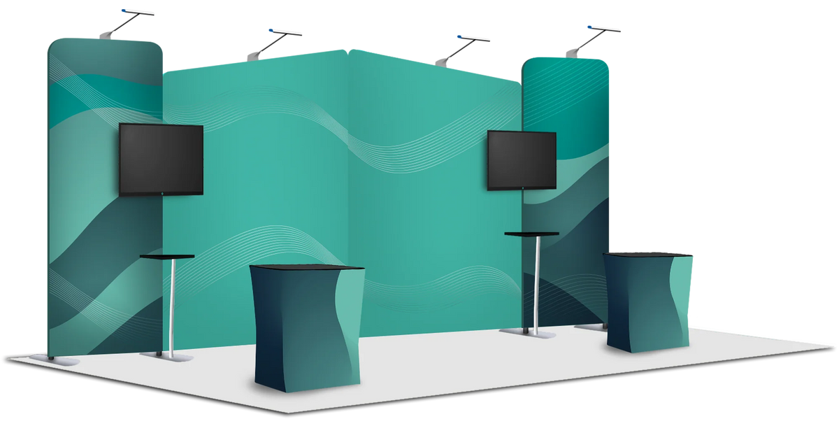 Teal exhibition booth with curved design on a white background